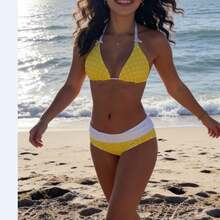 Conjunto de bikini de 2 piezas para mujer, traje de baño de moda con cuello halter y pantalones cortos, traje de baño de verano de dos piezas - Amarillo - Ver 2