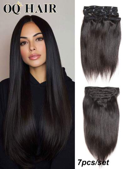 OQ 7pcs 100% Human Hair Straight Hair Extensions, 14-22 Inches Length, Natural Black Color, No Chemical Treatment, No Shedding, Easy & Quick Application, Suitable For Beginners