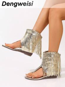 Gold Tassel Women's Bohemian Style Chunky Heel Round Toe Sandals, Versatile Comfortable Casual/Work Wear Shoes For Spring & Summer,Flip Flops - Gold - View 2