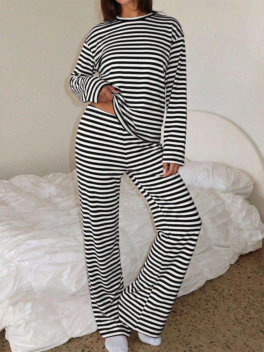 GLOpass 女士休闲黑白条纹圆领长袖睡衣套装，舒适两件套家居服，采用略带弹性的面料制成，春季款 - 黑與白 - 查看 1