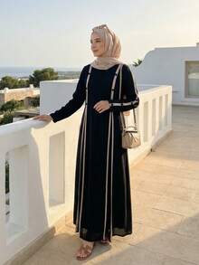 朴素时尚女式阿拉伯连衣裙休闲宽松设计，采用斋月长袍服装 - 黑色 - 查看 5