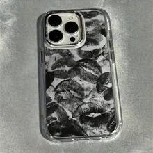 1pc Black Lip Print Pattern Full Coverage Metal Frame Phone 17 16 15 14 13 12 11 Pro X XS XR 8 Plus, Full Coverage, Lip Print, Pattern Design, Statement Phone Accessory, Durable Metal Frame, ,17 Pro Shockproof With Anti-Slip Grip - 1pc - 查看 1