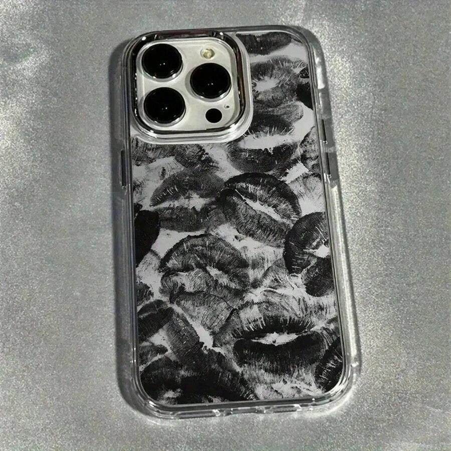 1pc Black Lip Print Pattern Full Coverage Metal Frame Phone 17 16 15 14 13 12 11 Pro X XS XR 8 Plus, Full Coverage, Lip Print, Pattern Design, Statement Phone Accessory, Durable Metal Frame, ,17 Pro Shockproof With Anti-Slip Grip - 1pc - 查看 1