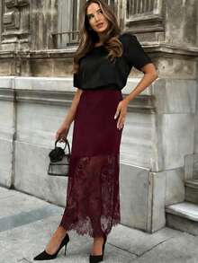 Falda de mujer elegante de unicolor con parches de encaje, primavera - Burdeos - Ver 4