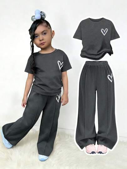 Young Girl Cartoon Print Round Neck Short Sleeve Top And Pants Set