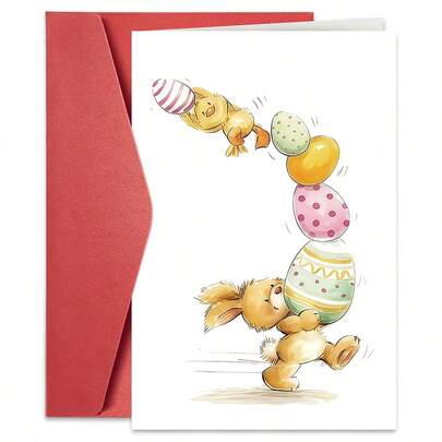 1PC Cute Cartoon Easter Card (With Envelope) - "Bunny & Chick Stacking Eggs" Playful Illustration, Perfect For Kids/Family/Friends, Warm & Cheerful Easter Greeting Card