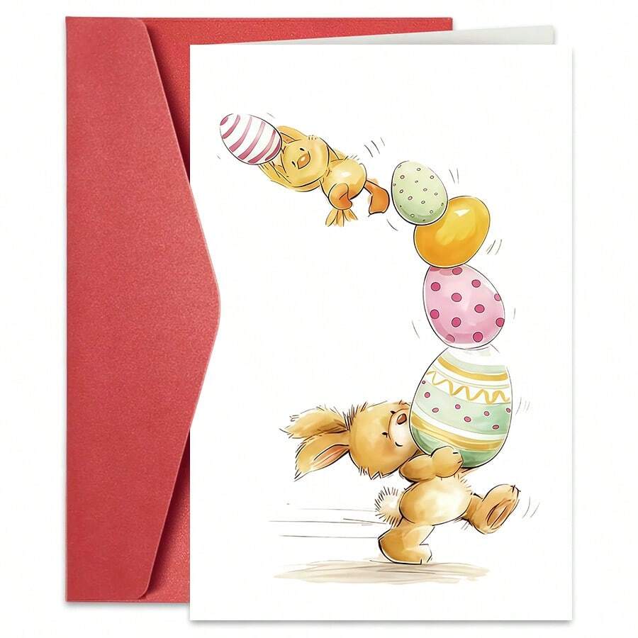 1PC Cute Cartoon Easter Card (With Envelope) - "Bunny & Chick Stacking Eggs" Playful Illustration, Perfect For Kids/Family/Friends, Warm & Cheerful Easter Greeting Card - Multicolor - View 1