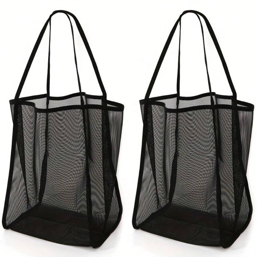 2pcs/Set Large Capacity Mesh Beach Tote Bag - Made Of Durable Polyester, Solid Color With Sturdy Handles, Suitable For Travel, Beach, Vacation And Camping, Beach Handbag, Multi-Functional Storage Solution, Sturdy Handle Design