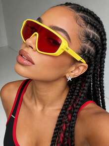 1pc Oversized European & American Style Fashion Shield Fashion Glasses, Personalized Glasses For Outdoor, Travel, Driving, Beach Outfit Accessory - Yellow - View 3