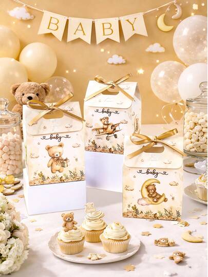 6pcs Brown Bear Gift Boxes With Ribbon, Baby Shower Party Gift Box, Gender Reveal Party Gift Packaging Boxes, Baby Party Supplies Favors, Gift Wrapping Box For Birthday, 1st Birthday Party Favor