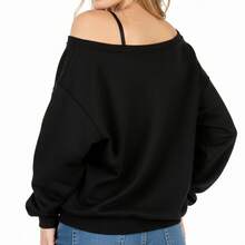 Off-Shoulder Top, Sexy Long-Sleeve T-Shirt With One Shoulder Exposed, Holiday-Style Loose Casual T-Shirt - 黑色 - 查看 2