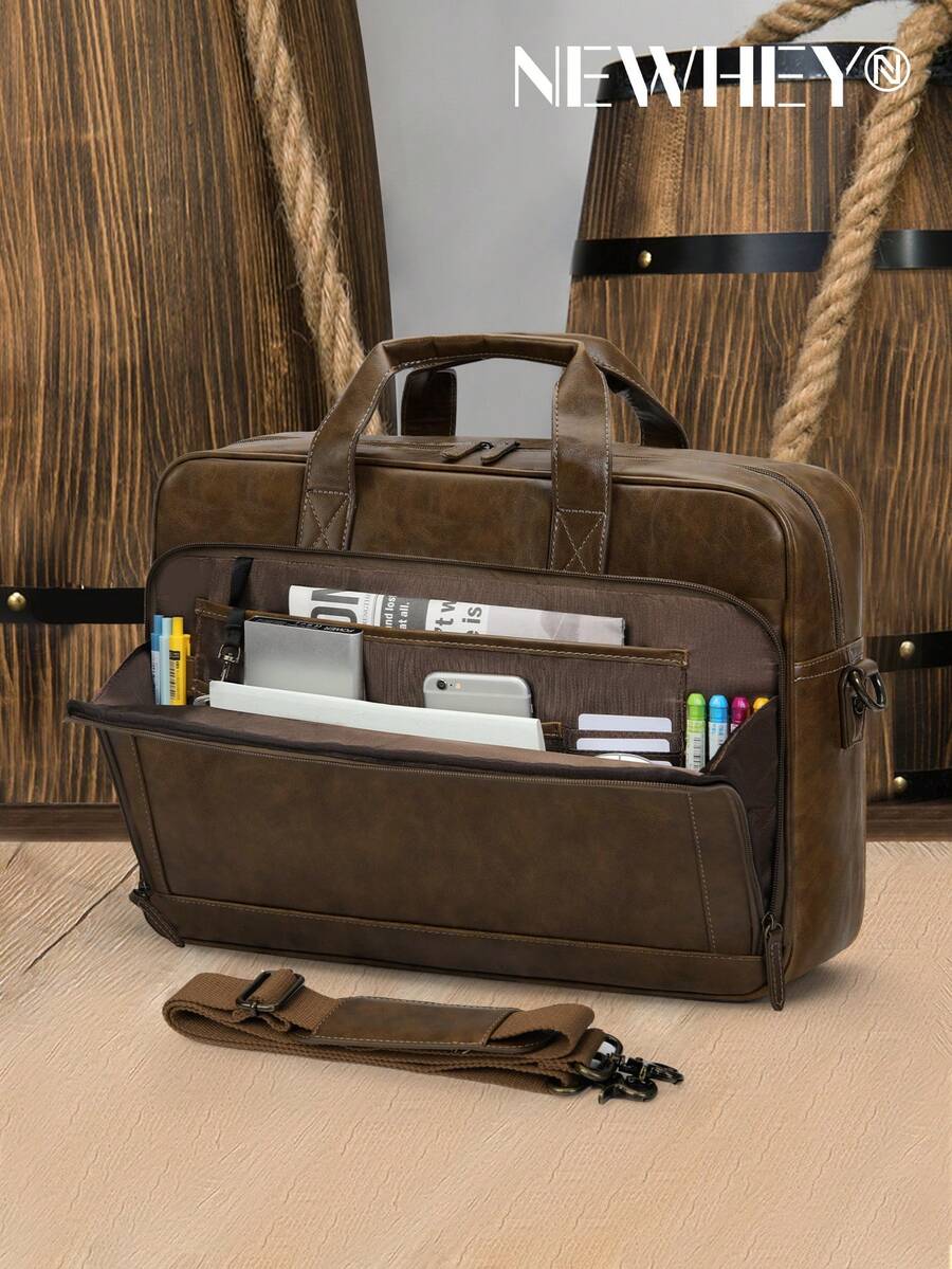 NEWHEY 16英寸男士真皮笔记本电脑包，复古斜挎包，大号单肩办公笔记本电脑包，复古学院风双肩包，适合工作、商务、旅行、夏季、春假、送礼、复古风、笔记本电脑包、钱包收纳包、圣经包
