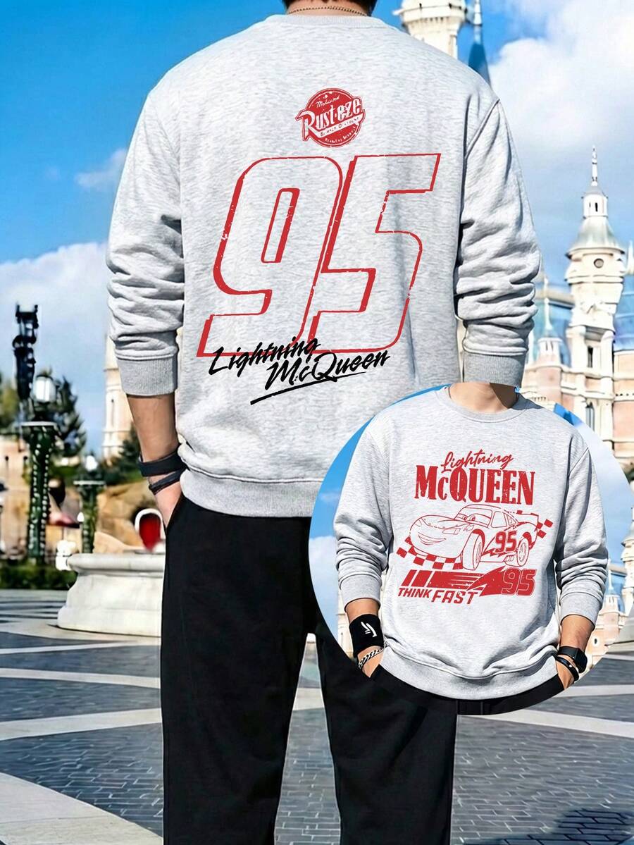 Men's Crewneck Sweatshirt And Sweatpants Set, Featuring Disney Cars Lettering And McQueen 95 Prints. A Comfortable Two-Piece Set Of Men's Hoodie And Sweatpants, Perfect As A Gift For Men. - 淺灰色 - 查看 1