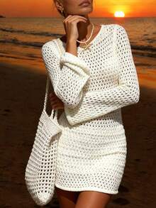 Women's Knitted Hollow Out Sweater Dress, Long Sleeve Semi-Sheer Pencil Mini Skirt - Cream - View 2