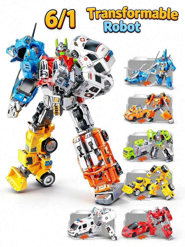 1Set 6-In-1 Alloy Oversized Transforming Mecha Set - City Rescue Team Multi-Form Assembly Toy, Educational Christmas & New Year Gift For Boys - Collect 6 Types Of Combinable Items - View 3