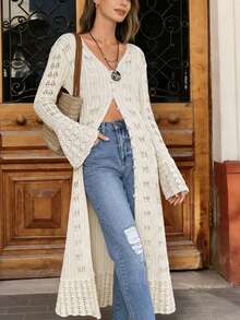 Women's New Style Casual Fashionable V-Neck Button Down Asymmetrical Ruffle Slit Hem Sexy Tight Party Dress, Exquisite And Elegant Trumpet Long Sleeves Movable Placket Crochet Hollow Back To School Long Knit Top, Spring Summer Fall Winter - Beige - View 3