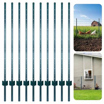 Minifactory Metal Garden Fence Posts, 4FT & 5FT, Pack Of 10 – No Dig Steel U Posts With Green Rust-Resistant Coating For Wire Fencing, Chicken Pens & Yard Borders