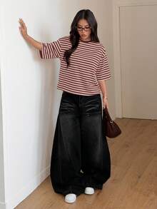 女士红白条纹针织面料常规袖圆领短袖上衣，休闲夏季款 - 乾枯玫瑰色 - 查看 7