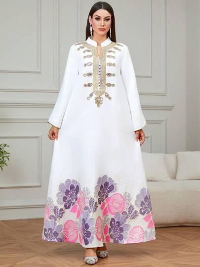 Áo Kaftan dài màu đen trắng thanh lịch dành cho nữ, thêu dây vàng, thích hợp cho tháng Ramadan, tiệc tại nhà, hẹn hò, mặc hàng ngày vào mùa xuân.