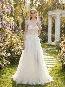 YOUKEFEIER Sleeveless Sweetheart Neckline Wedding Dress, Made Of Elegant Long Tulle Fabric, Adorned With Beaded Appliques. - Beige - View 1