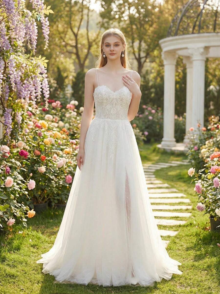 YOUKEFEIER Sleeveless Sweetheart Neckline Wedding Dress, Made Of Elegant Long Tulle Fabric, Adorned With Beaded Appliques. - Beige - View 1