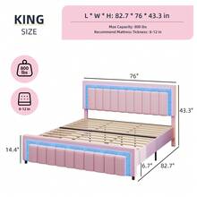 Bedroom Furniture, LED Bed Frame With Velvet Upholstered Headboard, Queen Bed Frame With Modern Diamond Headboard Adjustable, Bedroom Deccor, No Box Spring Needed, Easy Assembly, (USB LED Strip) - Pink - View 9