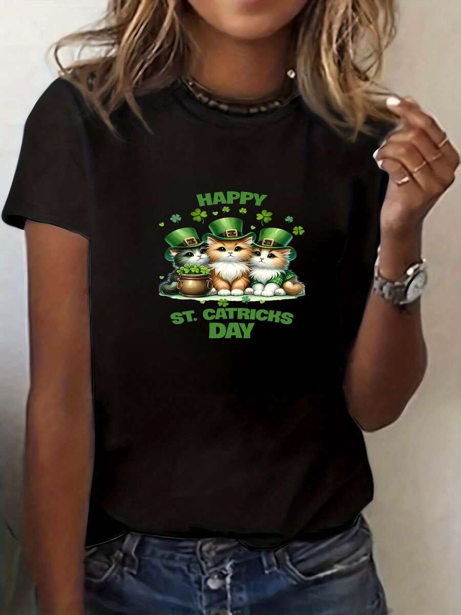Women's St. Patrick's Day Cat Print T-Shirt - Happy St. Catricks Day Design With Shamrocks, Loose Fit Round Neck Casual Tee For Spring & Summer, Comfortable & Breathable, Perfect For Casual Attire Or Holiday Celebrations, Holiday Celebration Top | Playful Graphic Tee | Knit Construction, Cat Tshirt - màu đen - Xem 1