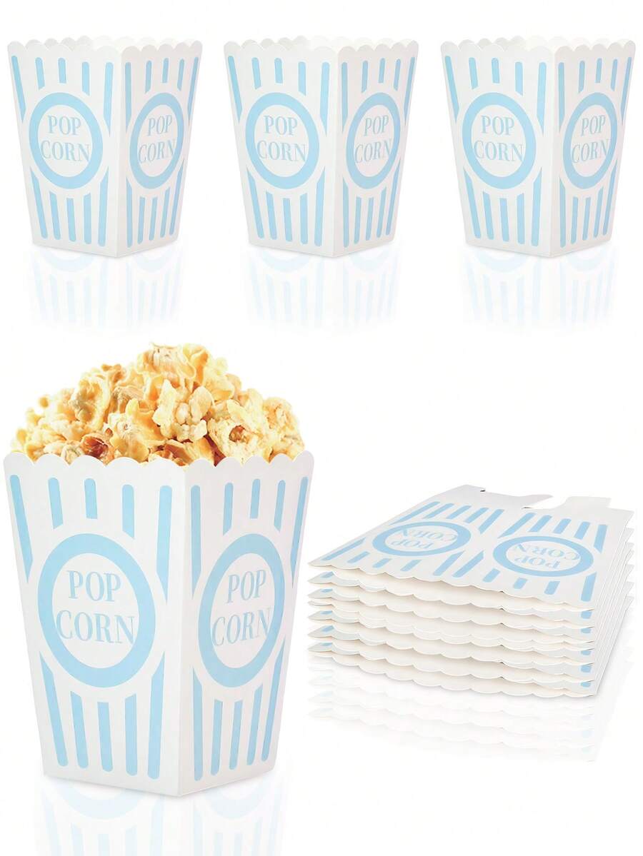 10pcs/30pcs/50pcs Classic Light Blue Striped Popcorn Boxes, Blue & White Striped Paper Popcorn Containers Suitable For Movie Night, Carnival, Birthday, Baby Shower, Gender Reveal, Wedding And More Occasions - 藍色紋路 - 查看 1