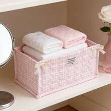 Quilted Table Basket Cute Bow Desk Accessories Organizers Container For Office Home Stationery Snack Toys - 粉色 - 查看 5