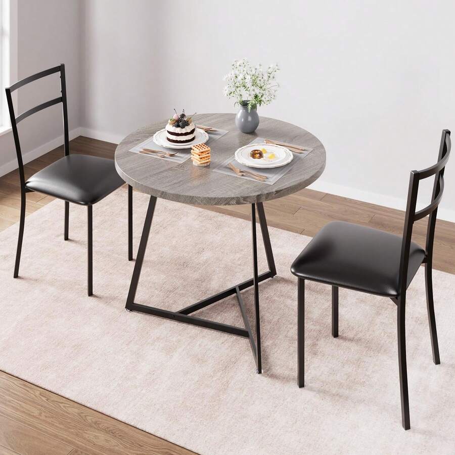 Juego de Comedor Compacto para 2 Personas,Mesa Redonda de Madera y 2 Sillas Tapizadas, Juego de 3 Piezas para Cocina o Espacios Pequeños, Diseño Moderno y Fácil Montaje - Gris - Ver 1