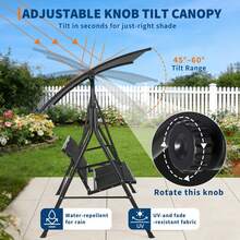 Columpio de exterior con estructura de acero estable - Mayor con soporte triangular - Toldo ajustable para protección solar - Ideal para patio, jardín o patio trasero - C - Ver 2