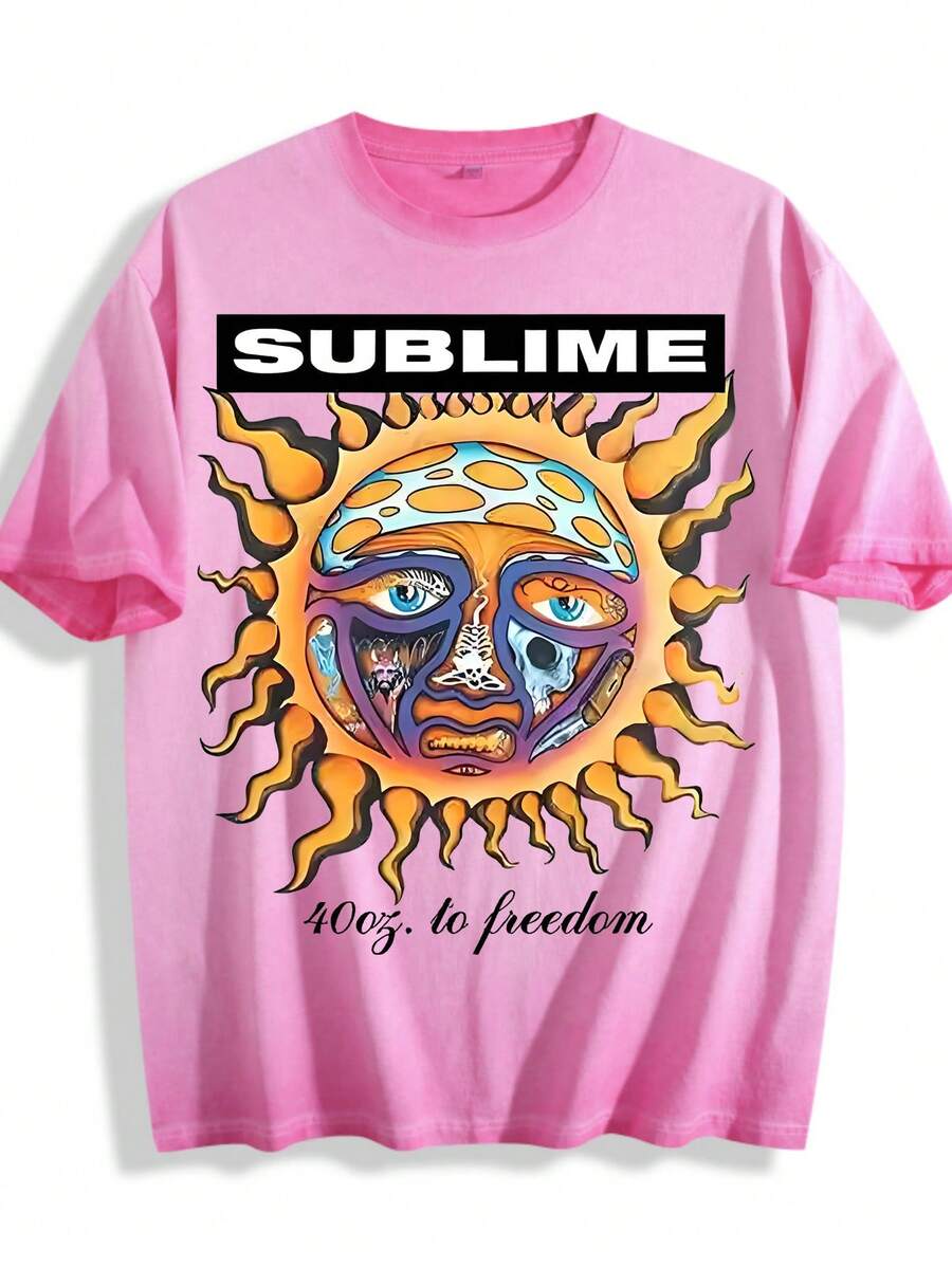 Dirty Wash T-Shirt Men Women Unisex Distressed Vintage "Sun" Rock Band Grunge Oversized Short Sleeve Top - 髒髒洗玫紅色 - 查看 1