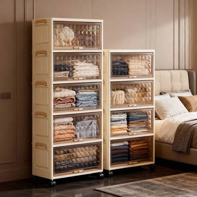 1个40厘米/50厘米宽可折叠塑料储物柜，1-6层翻盖式储物整理架，加厚PP材质带轮，客厅玩具零食多层柜，衣物收纳柜，家用防尘置物架，家用储物架