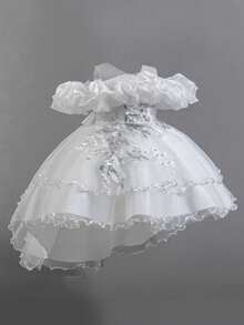 女童贴花薄纱优雅燕尾服公主裙，适合生日派对、宴会等场合，不含头饰 - 白色 - 查看 3