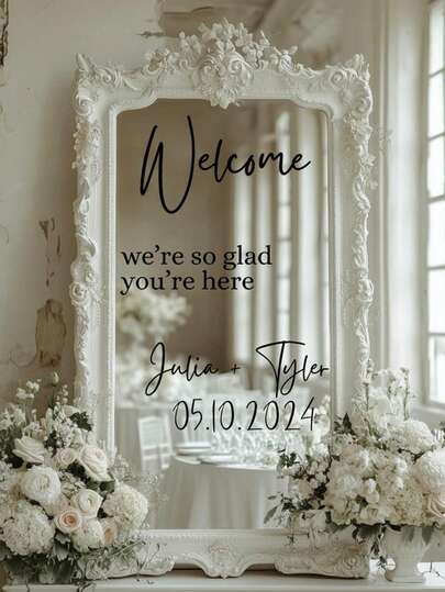 Pegatinas personalizadas para espejo de boda, cartel de bienvenida a nuestra entrada de boda, pegatina de vinilo personalizada para espejo, decoración de cartel de boda DIY, pegatina de grabado personalizada para espejo, artículos de boda, decoración de boda