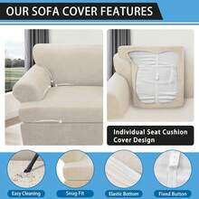 4-Pieces T Cushion Sofa Slipcovers Leather Look Couch Cover For 3 Cushion Couch Furniture Protector Stretch Sofa Cover With 3 Individual T Cushion Seat Covers Washable, Ivory - Ivory - 查看 7