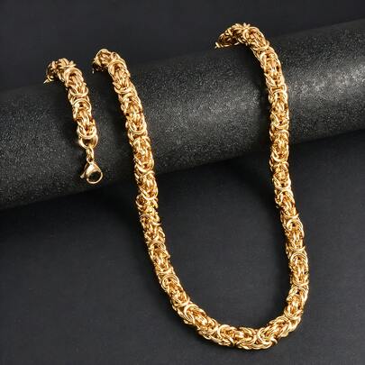 1pc Fashionable 18K Gold Geometric Patchwork Cuban Link Necklace, Unisex Hip Hop Street Style For Daily Wear And Party