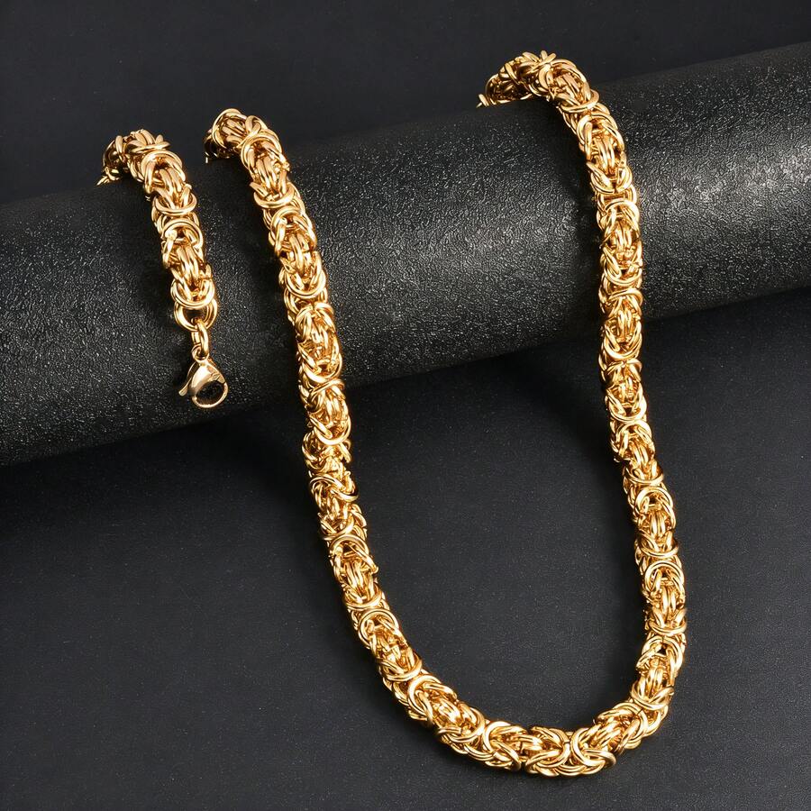 1pc Fashionable 18K Gold Geometric Patchwork Cuban Link Necklace, Unisex Hip Hop Street Style For Daily Wear And Party - Vàng - Xem 1