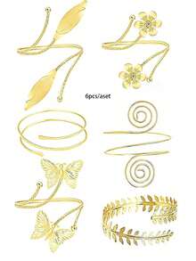 6PCS Set Metal Minimalist Summer Vacation Style Adjustable Loose Arm Cuff Bracelet Set, Perfect For Summer Parties, Travel, Gifts And Wearing - Gold - View 11