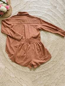 Oversized Shirt And Shorts Set - Khaki - View 3