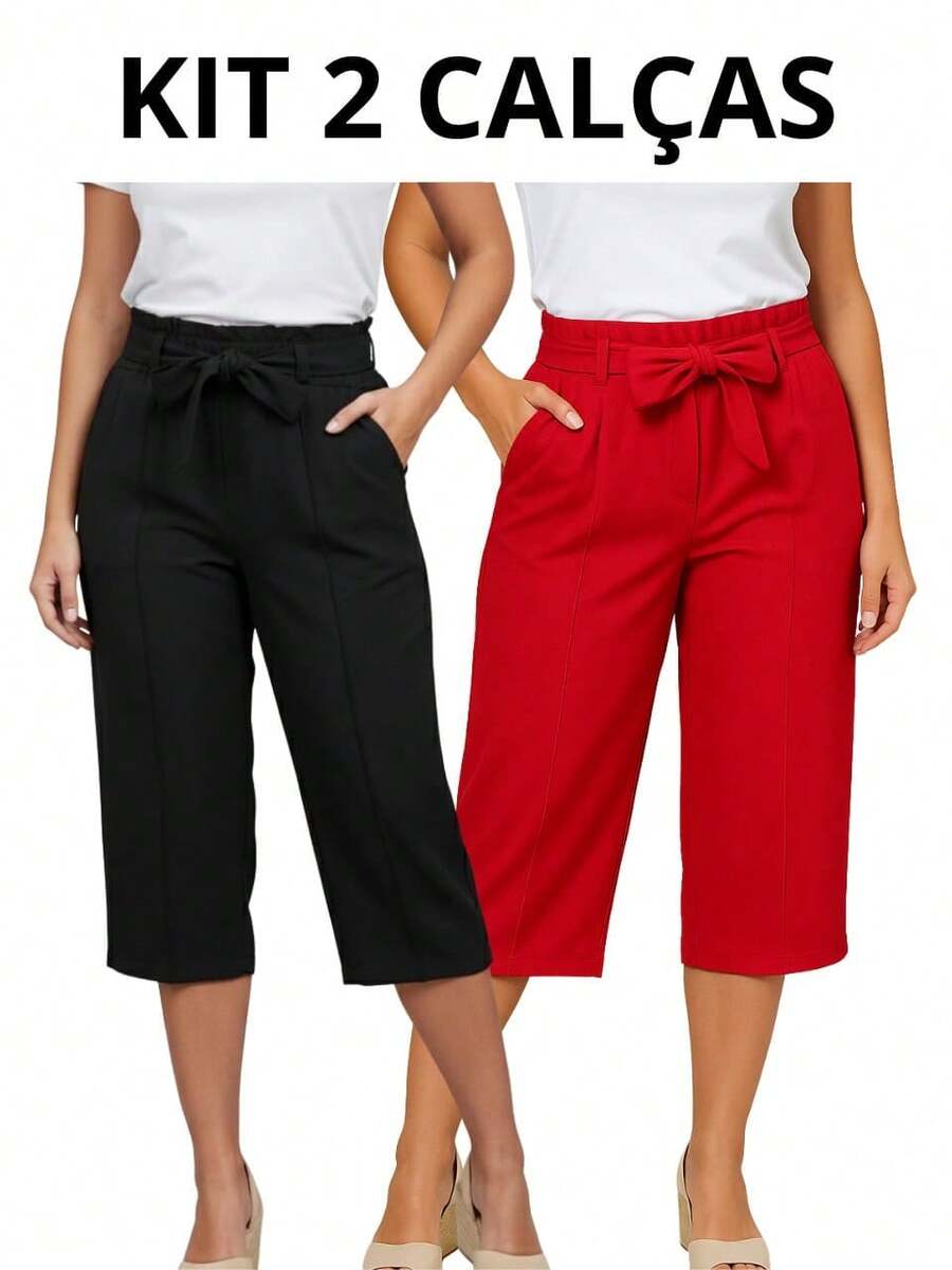 Tailored Pantacourt Trousers, Plain, High Waist, With Bow And Knot Pocket - 套件 2 紅黑 - 查看 1