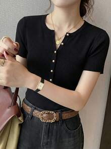 Chic Metal Half-Button V-Neck Short Sleeve Knit Top For Women, Fitted Design, & Versatile, Spring/Summer Black - Black - View 2