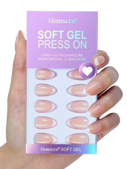 32pcs French Tip Acrylic Press On Nails Medium Almond Press On Nails Minimalist Y2K Style Surface Glossy Full Cover Fake Nails For Women And Girls Daily Wear
