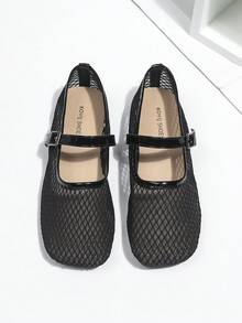 时尚黑色网眼玛丽珍平底鞋，复古方头透气搭扣平底鞋 - 黑色 - 查看 4