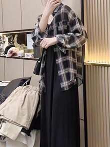 女士格子落肩长袖单排扣休闲口袋衬衫，随机面料拼接，夏季款 - 深藍 - 查看 3