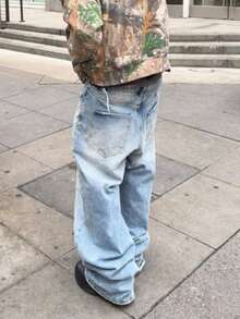 男士浅蓝色水洗牛仔裤，复古街头风宽松直筒裤 - 薄荷藍 - 查看 2