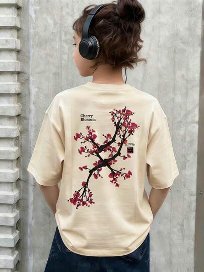 1pc Girls Casual Floral Print Round Neck Short Sleeve T-Shirt, Summer Student Youth Clothing - The Colorful Floral Print T-Shirt Brings Joy And Happiness To Every Child! CherryBlossom