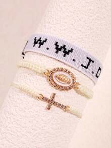 3件套 时尚独特设计 百搭个性化编织字母、十字架、圣母玛利亚吊坠手链套装，男女皆宜，日常佩戴及节日礼物首饰 - 彩色 - 查看 14