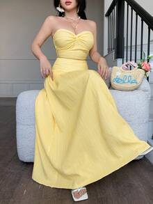 abyoxi Conjunto de 2 piezas de top corto acanalado amarillo limón y falda larga de cintura alta, estilo dulce y casual, ideal para vacaciones románticas, salidas diarias, fiestas, citas, playa, primavera/verano - Amarillo - Ver 4