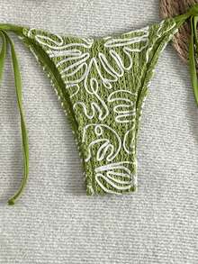 女士刺绣钩编比基尼套装，带钢圈文胸和侧系带泳裤，打造时尚海滩造型 - 綠色 - 查看 4